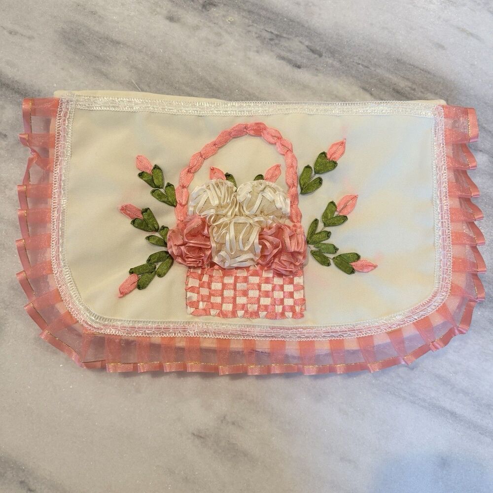 Vintage Toilet Tank Back Cover Ruffle Ribbon Flower Basket Maximalism Granny